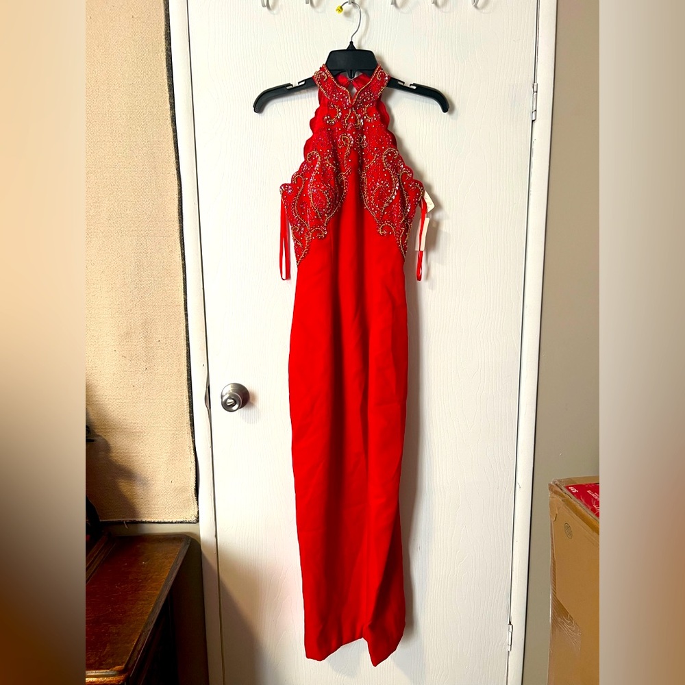 Vintage Y2K sterling stone Ferris Elegant Red Halter Dress with Embellishments